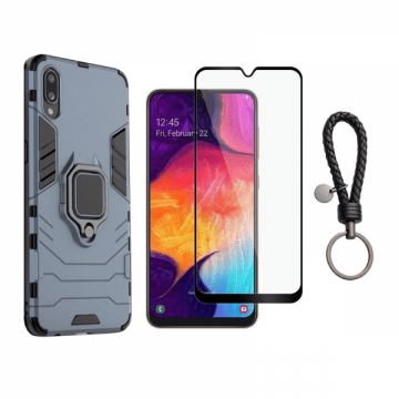 Set protectie 2 in 1 pentru Samsung Galaxy A01 cu husa hybrid antisoc cu stand inel si folie sticla fullsize si breloc cadou dark blue