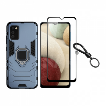 Set protectie 2 in 1 pentru Samsung Galaxy A02S SM-A025 cu husa hybrid antisoc cu stand inel si folie sticla ceramica fullsize si breloc cadou dark blue