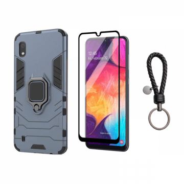 Set protectie 2 in 1 pentru Samsung Galaxy A10 cu husa hybrid antisoc cu stand inel si folie sticla ceramica fullsize si breloc cadou dark blue