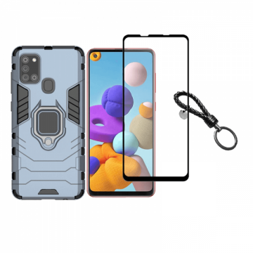 Set protectie 2 in 1 pentru Samsung Galaxy A21S SM-A217 cu husa hybrid antisoc cu stand inel si folie sticla ceramica fullsize si breloc cadou dark blue