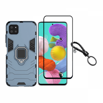 Set protectie 2 in 1 pentru Samsung Galaxy A22 5G SM-A226 cu husa hybrid antisoc cu stand inel si folie sticla ceramica fullsize si breloc cadou dark blue