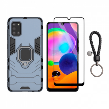 Set protectie 2 in 1 pentru Samsung Galaxy A31 cu husa hybrid antisoc cu stand inel si folie sticla ceramica fullsize si breloc cadou dark blue