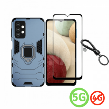 Set protectie 2 in 1 pentru Samsung Galaxy A32 5G SM-A326 cu husa hybrid antisoc cu stand inel si folie sticla ceramica fullsize si breloc cadou dark blue