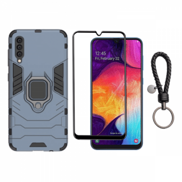 Set protectie 2 in 1 pentru Samsung Galaxy A50 / A50s cu husa hybrid antisoc cu stand inel si folie sticla ceramica fullsize si breloc cadou dark blue