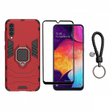 Set protectie 2 in 1 pentru Samsung Galaxy A50 / A50s cu husa hybrid antisoc cu stand inel si folie sticla ceramica fullsize si breloc cadou rosu