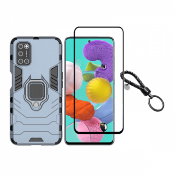 Set protectie 2 in 1 pentru Samsung Galaxy A52 4G SM-A525/ 5G cu SM-A526 husa hybrid antisoc cu stand inel si folie sticla ceramica fullsize si breloc cadou dark blue