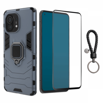 Set protectie 2 in 1 pentru Xiaomi 11T cu husa hybrid antisoc cu stand inel si folie sticla ceramica fullsize si breloc cadou dark blue