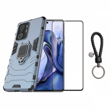 Set protectie 2 in 1 pentru Xiaomi 11T Pro cu husa hybrid antisoc cu stand inel si folie sticla ceramica fullsize si breloc cadou dark blue