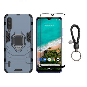 Set protectie 2 in 1 pentru Xiaomi Mi 10 Lite cu husa hybrid antisoc cu stand inel si folie sticla fullsize si breloc cadou dark blue