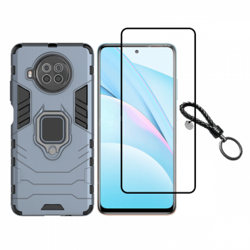 Set protectie 2 in 1 pentru Xiaomi Mi 10T Lite 5G cu husa hybrid antisoc cu stand inel si folie sticla ceramica fullsize si breloc cadou dark blue