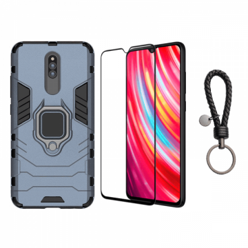 Set protectie 2 in 1 pentru Xiaomi Redmi 8 cu husa hybrid antisoc cu stand inel si folie sticla ceramica fullsize si breloc cadou dark blue