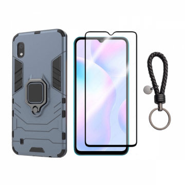 Set protectie 2 in 1 pentru Xiaomi Redmi 9A cu husa hybrid antisoc cu stand inel si folie sticla ceramica fullsize si breloc cadou dark blue