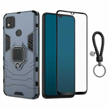 Set protectie 2 in 1 pentru Xiaomi Redmi 9C / 9C NFC cu husa hybrid antisoc cu stand inel si folie sticla ceramica fullsize si breloc cadou dark blue