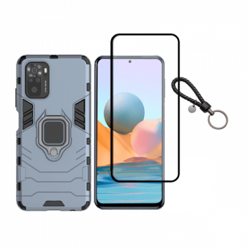 Set protectie 2 in 1 pentru Xiaomi Redmi Note 10 Pro cu husa hybrid antisoc cu stand inel si folie sticla ceramica fullsize si breloc cadou dark blue