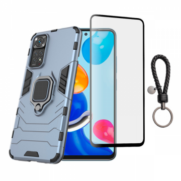 Set protectie 2 in 1 pentru Xiaomi Redmi Note 11 cu husa hybrid antisoc cu stand inel si folie sticla ceramica fullsize si breloc cadou dark blue