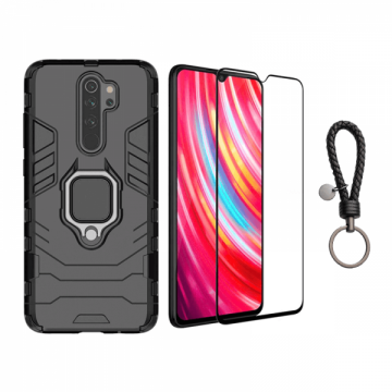 Set protectie 2 in 1 pentru Xiaomi Redmi Note 8 Pro cu husa hybrid antisoc cu stand inel si folie sticla ceramica fullsize si breloc cadou negru