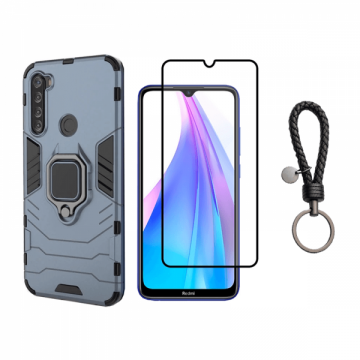 Set protectie 2 in 1 pentru Xiaomi Redmi Note 8T cu husa hybrid antisoc cu stand inel si folie sticla ceramica fullsize si breloc cadou dark blue