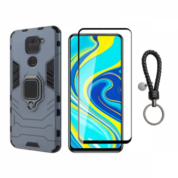 Set protectie 2 in 1 pentru Xiaomi Redmi Note 9 cu husa hybrid antisoc cu stand inel si folie sticla ceramica fullsize si breloc cadou dark blue