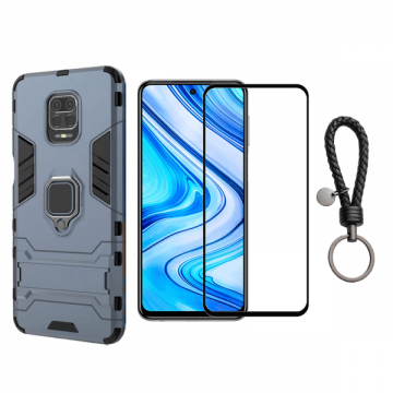 Set protectie 2 in 1 pentru Xiaomi Redmi Note 9 Pro cu husa hybrid antisoc cu stand inel si folie sticla ceramica fullsize si breloc cadou dark blue