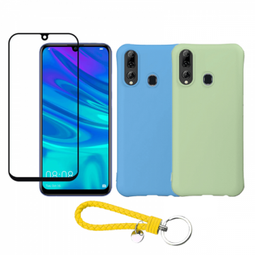 Set protectie 3 in 1 pentru Huawei P Smart Plus 2019 cu 2 huse din silicon moale antisoc folie sticla ceramica fullsize si breloc cadou albastru-verde