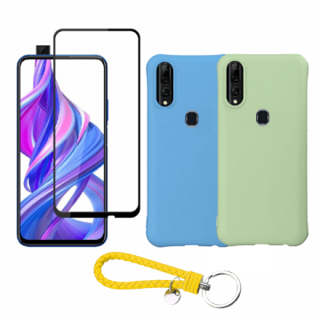 Set protectie 3 in 1 pentru Huawei Y9 Prime 2019 cu 2 huse din silicon moale antisoc folie sticla ceramica fullsize si breloc cadou albastru-verde