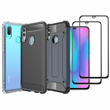 Set protectie 5 in 1 pentru Huawei P Smart 2019 / Honor 10 Lite cu 3 huse antisochybrid si carbon 2 folii fullsize din ceramica negru dark blue incolor