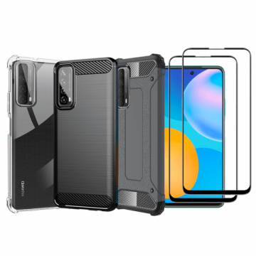 Set protectie 5 in 1 pentru Huawei P Smart 2021 cu 3 huse antisochybrid si carbon 2 folii fullsize din ceramica negru gri incolor