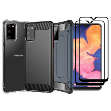 Set protectie 5 in 1 pentru Samsung Galaxy A02S SM-A025 / A03S SM-037/ M02S SM-M025 cu 3 huse antisochybrid si carbon 2 folii fullsize din ceramica negru dark blue incolor