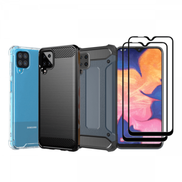 Set protectie 5 in 1 pentru Samsung Galaxy A12 SM-A125 / A12 Nacho SM-A127 / M12 SM-M127 cu 3 huse antisochybrid si carbon 2 folii fullsize din ceramica negru dark blue incolor