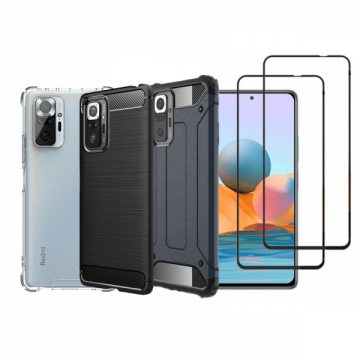 Set protectie 5 in 1 pentru Xiaomi Redmi Note 10 Pro cu 3 huse antisochybrid si carbon 2 folii fullsize din ceramica negru dark blue incolor