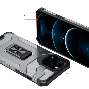 Carcasa Crystal Ring compatibila cu iPhone 13 Pro Max, Functie magnetica, Black