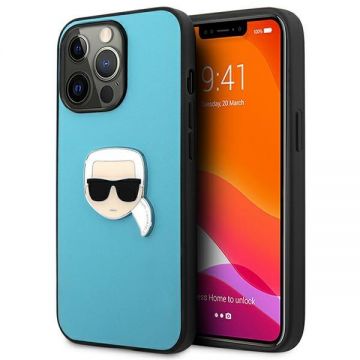 Husa Karl Lagerfeld KLHCP13LPKMB compatibila cu iPhone 13 Pro, Leather Ikonik Karl`s Head Metal, Albastru