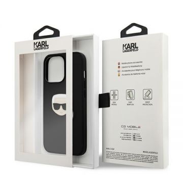 Husa Karl Lagerfeld KLHCP13LPKMK compatibila cu iPhone 13 Pro, Leather Ikonik Karl`s Head Metal, Negru