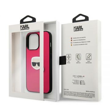 Husa Karl Lagerfeld KLHCP13LPKMP compatibila cu iPhone 13 Pro, Leather Ikonik Karl`s Head Metal, Roz