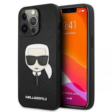 Husa Karl Lagerfeld KLHCP13LSAKHBK compatibila cu iPhone 13 Pro, Saffiano Ikonik Karl`s Head, Negru