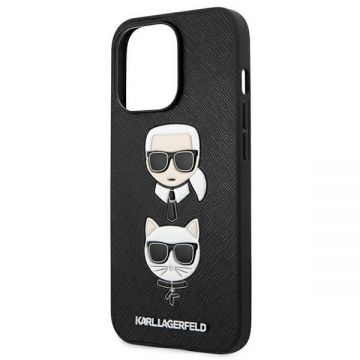 Husa Karl Lagerfeld KLHCP13LSAKICKCBK compatibila cu iPhone 13 Pro, Saffiano Karl & Choupette, Negru