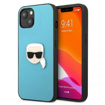 Husa Karl Lagerfeld KLHCP13MPKMB compatibila cu iPhone 13, Leather Ikonik Karl`s Head Metal, Albastru