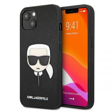 Husa Karl Lagerfeld KLHCP13MSAKHBK compatibila cu iPhone 13, Saffiano Ikonik Karl`s Head, Negru