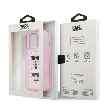 Husa Karl Lagerfeld KLHCP13XKCTUGLP compatibila cu iPhone 13 Pro Max, Glitter Karl`s & Choupette, Roz