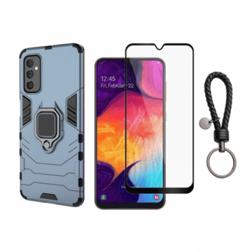 Set husa telefon si folie pentru Samsung Galaxy A04s (4G) carcasa hybrid antisoc cu stand inel folie de sticla ceramica fullsize si breloc cadou dark blue negru