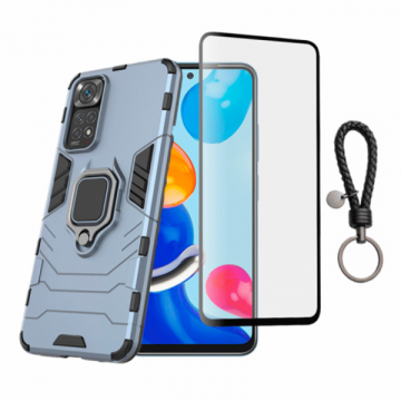 Set husa telefon si folie pentru Xiaomi Redmi Note 11 Pro 5G carcasa hybrid antisoc cu stand inel folie de sticla ceramica fullsize si breloc cadou dark blue negru