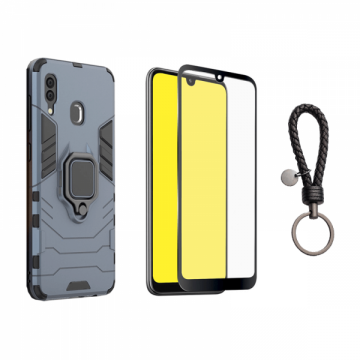 Set protectie 2 in 1 pentru Huawei Y7 / Y7 Pro 2019 cu husa hybrid antisoc cu stand inel si folie sticla ceramica fullsize si breloc cadou dark blue