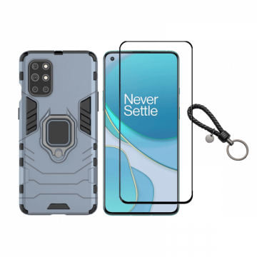 Set protectie 2 in 1 pentru OnePlus 8T cu husa hybrid antisoc cu stand inel si folie sticla ceramica fullsize si breloc cadou dark blue