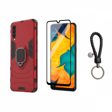 Set protectie 2 in 1 pentru Samsung Galaxy A30s cu husa hybrid antisoc cu stand inel si folie sticla ceramica fullsize si breloc cadou rosu