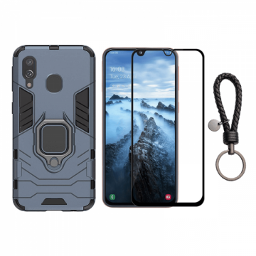 Set protectie 2 in 1 pentru Samsung Galaxy A40 cu husa hybrid antisoc cu stand inel si folie sticla ceramica fullsize si breloc cadou dark blue