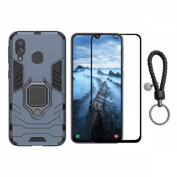 Set protectie 2 in 1 pentru Samsung Galaxy A40 cu husa hybrid antisoc cu stand inel si folie sticla fullsize si breloc cadou dark blue