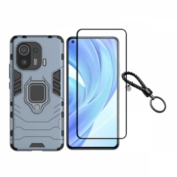 Set protectie 2 in 1 pentru Xiaomi Mi 11 Lite / Mi 11 Lite 5G cu husa hybrid antisoc cu stand inel si folie sticla ceramica fullsize si breloc cadou dark blue