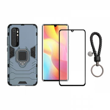 Set protectie 2 in 1 pentru Xiaomi Mi Note 10 Lite cu husa hybrid antisoc cu stand inel si folie sticla ceramica fullsize si breloc cadou dark blue