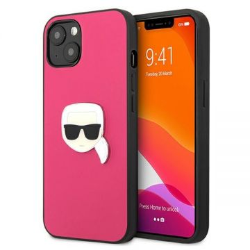 Husa Karl Lagerfeld KLHCP13MPKMP compatibila cu iPhone 13, Leather Ikonik Karl`s Head Metal, Roz