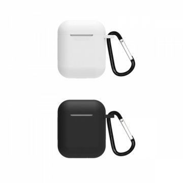 Set 2 huse de protectie din silicon si carlige de prindere pentru Apple AirPods 1/2 negru alb